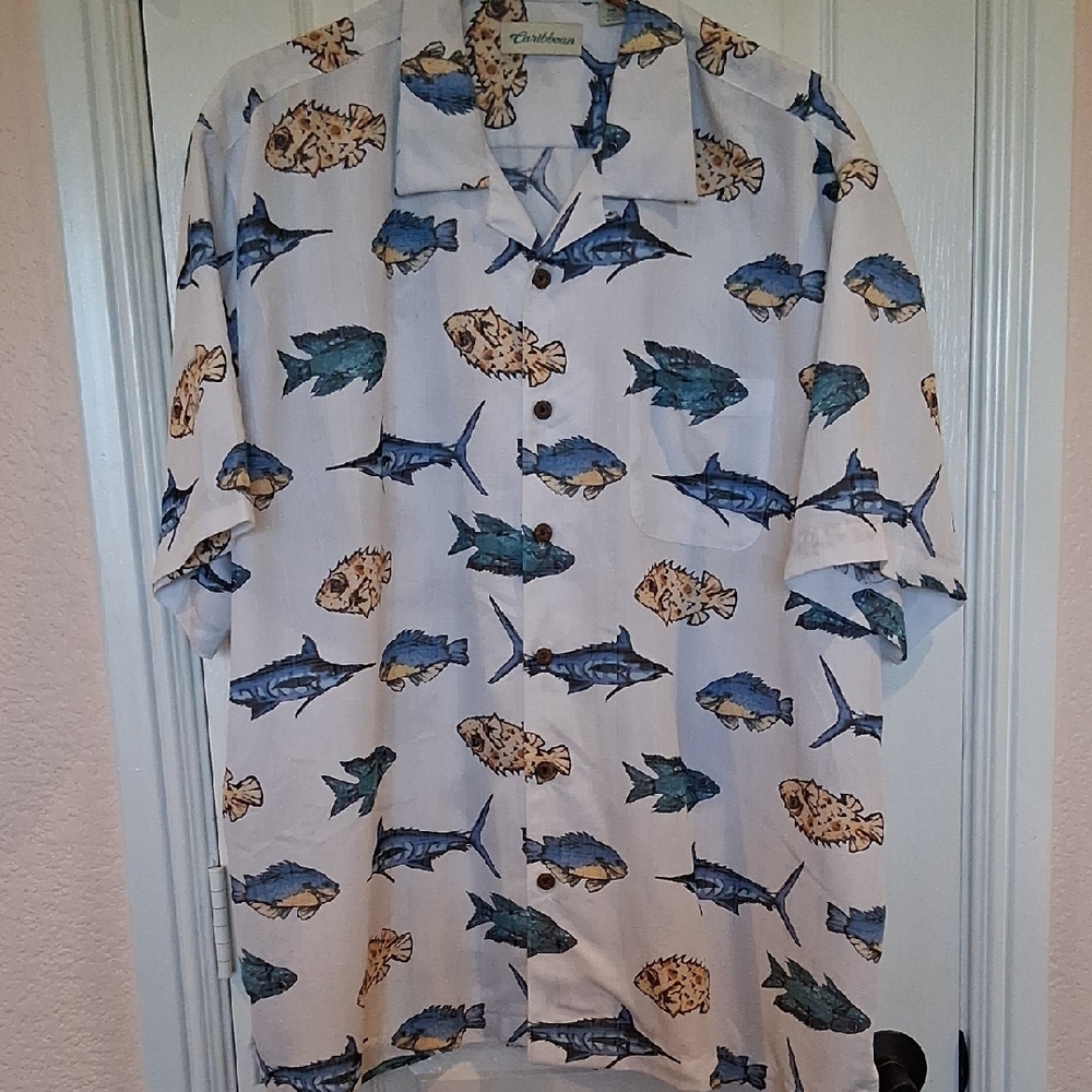 Caribbean Blue and Tan Fish Pattern Shirt